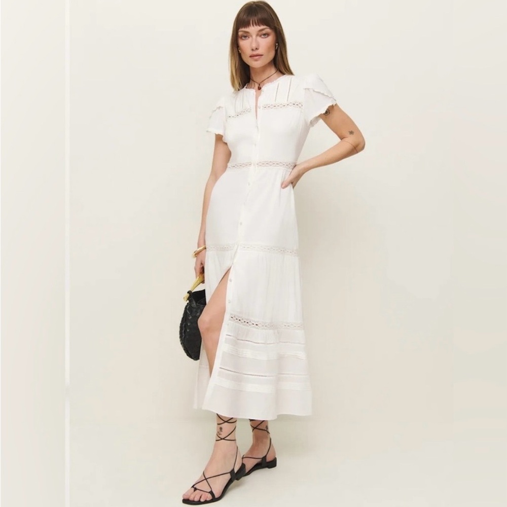 Reformation Ivory Midi Dress with Button Detail